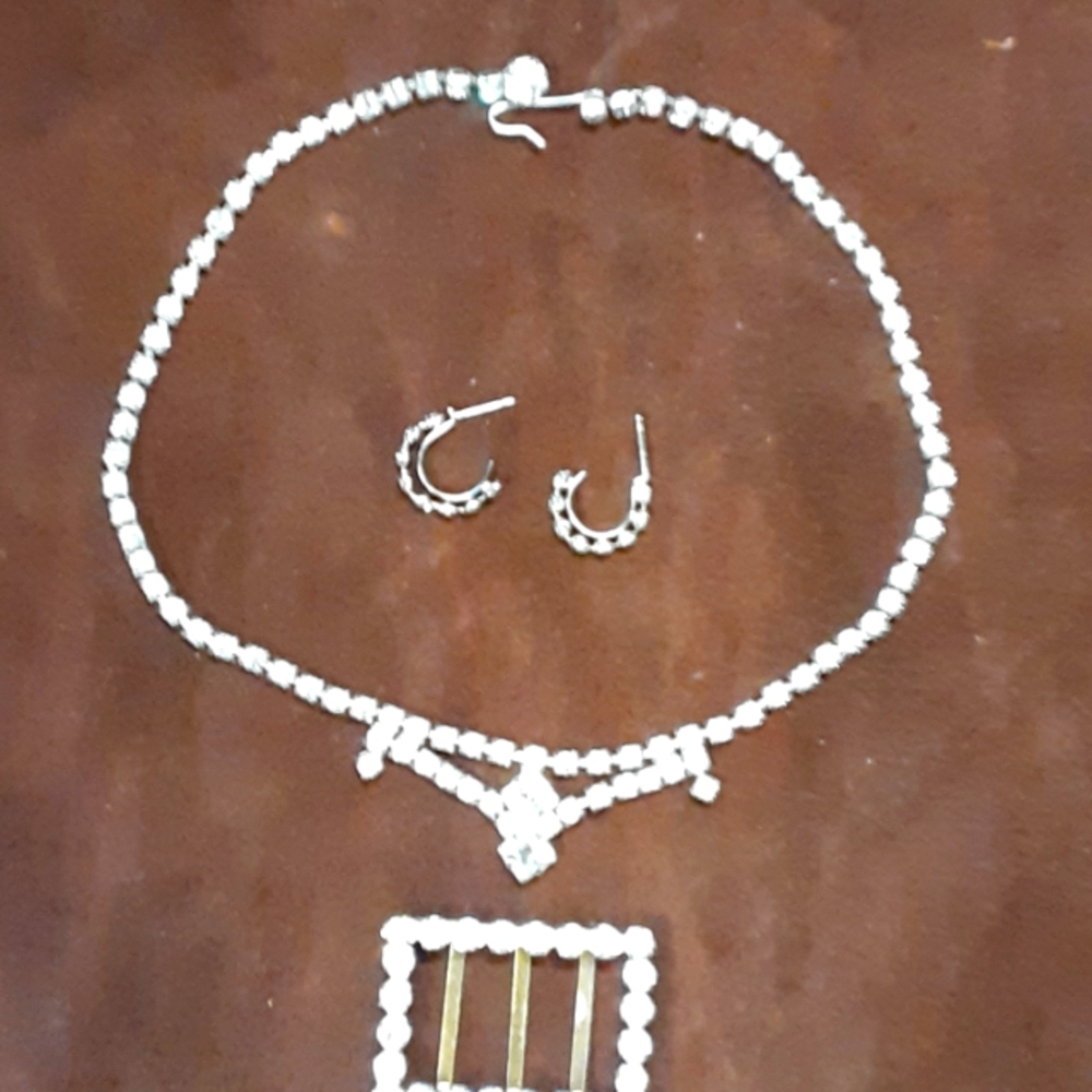 Rhinestone necklace, earrings, scarf holder